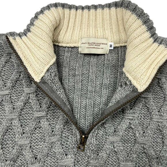 Aran Islands Knitwear Men's 100% Wool Gray Cable Knit Half-Zip Sweater Size M - Picture 3 of 8